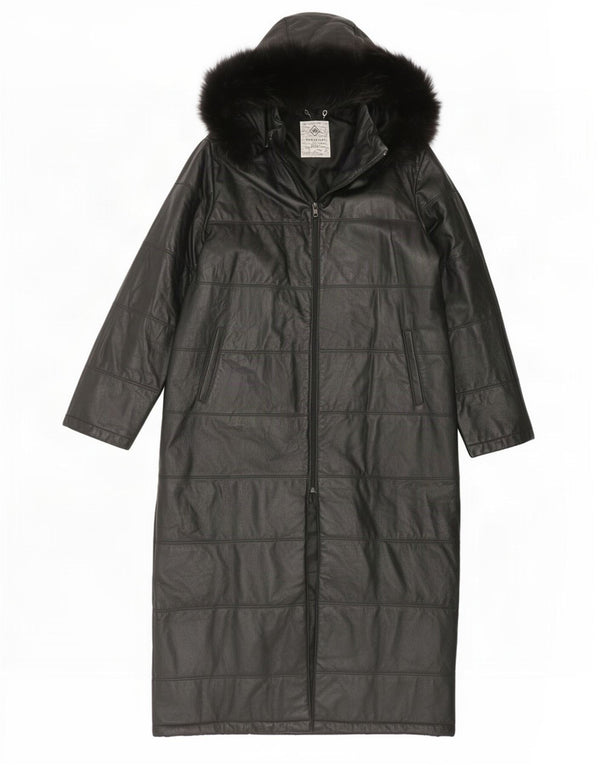 Vintage polstret læderfrakke til kvinder med hætte UK 14 Large Black
