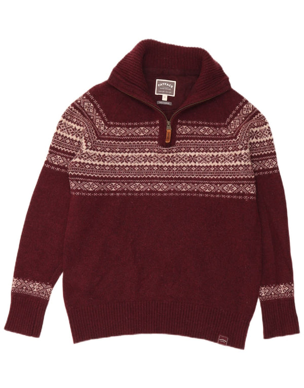 Fat Face Herre Zip Neck Jumper Sweater Medium Burgundy Fair Isle Wool