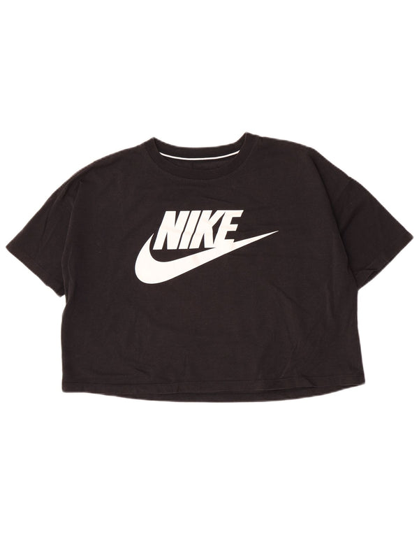 Nike Dame Swoosh Crop Grafisk T-Shirt Top UK 10 Small Black Bomuld Sports