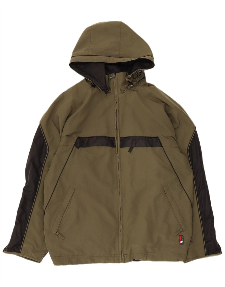 Champion Herre Hooded Windbreaker Jacket UK 38 Medium Khaki Colourblock