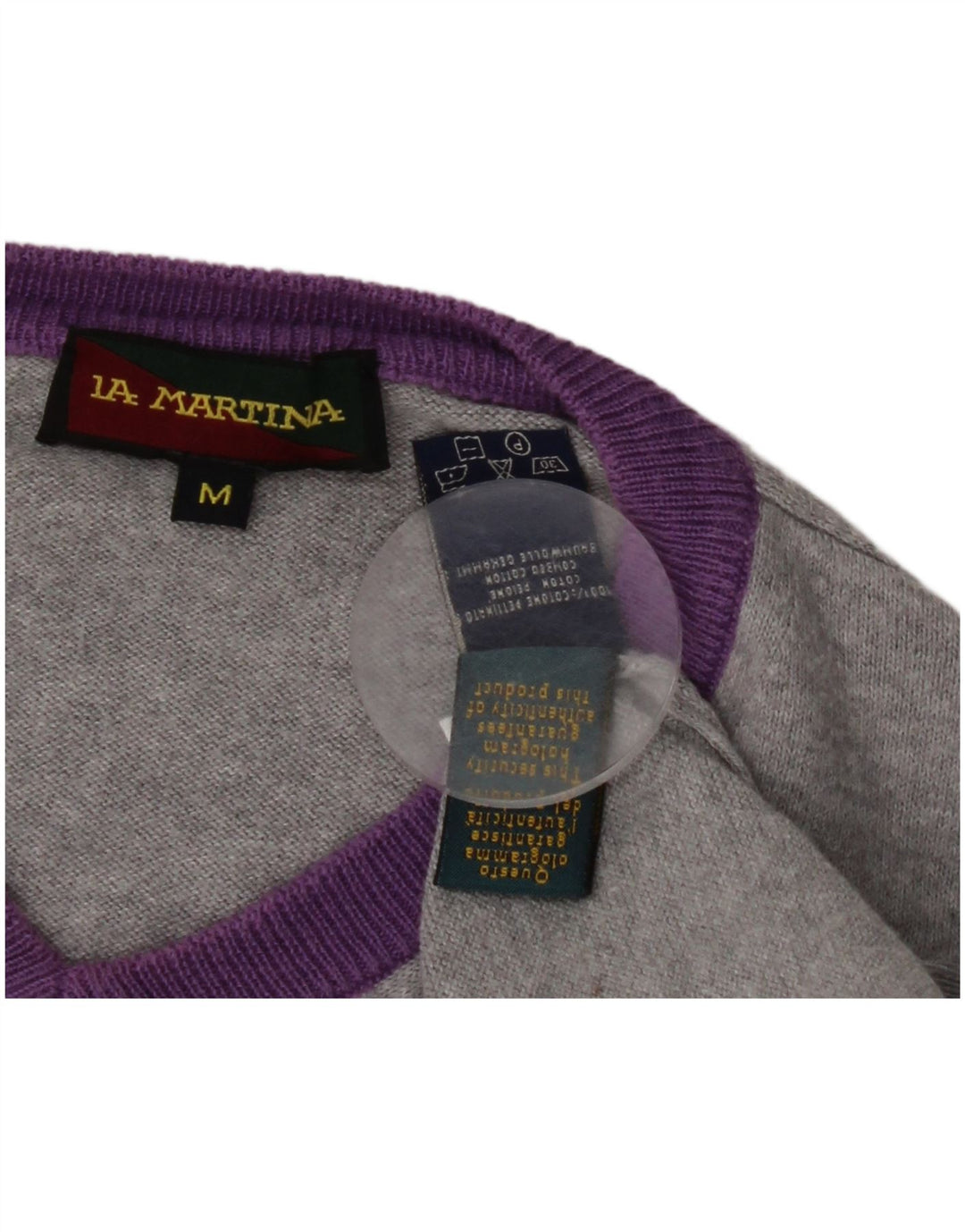 LA MARTINA Womens V-Neck Jumper Sweater UK 14 Medium Grey Argyle/Diamond