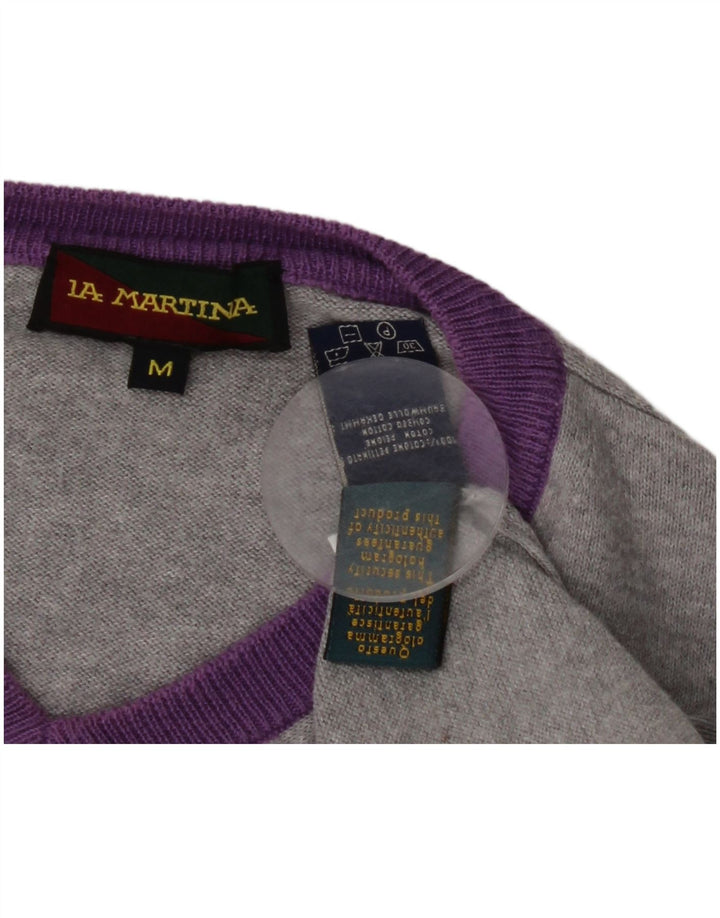 LA MARTINA Womens V-Neck Jumper Sweater UK 14 Medium Grey Argyle/Diamond