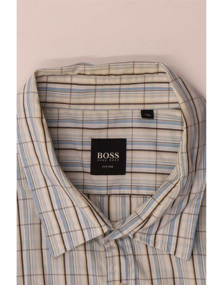 Hugo Boss kortærmet herreskjorte XL blå ternet bomuld
