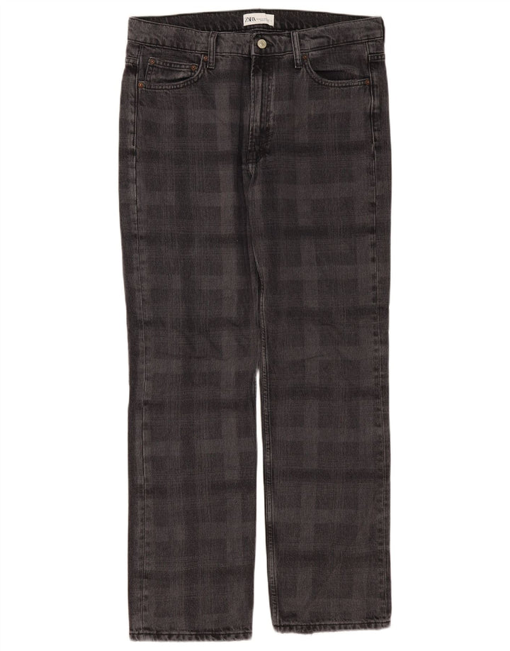 Zara Straight Jeans til kvinder EU 42 Large W32 L31 Grå ternet bomuld