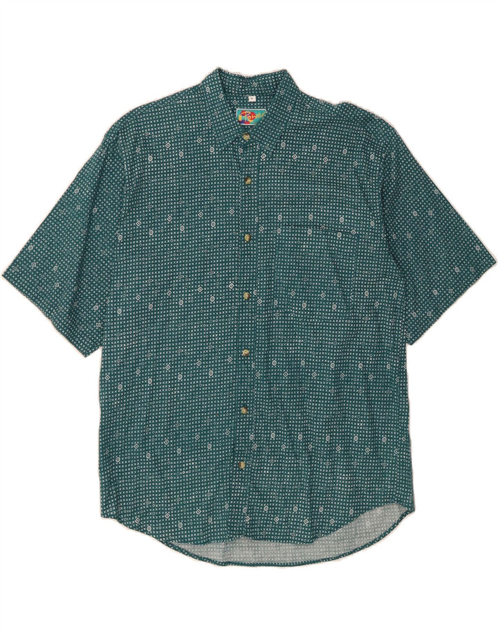 VINTAGE Mens Short Sleeve Shirt Medium Green Geometric Cotton Vintage Vintage and Second-Hand Vintage from Messina Hembry 