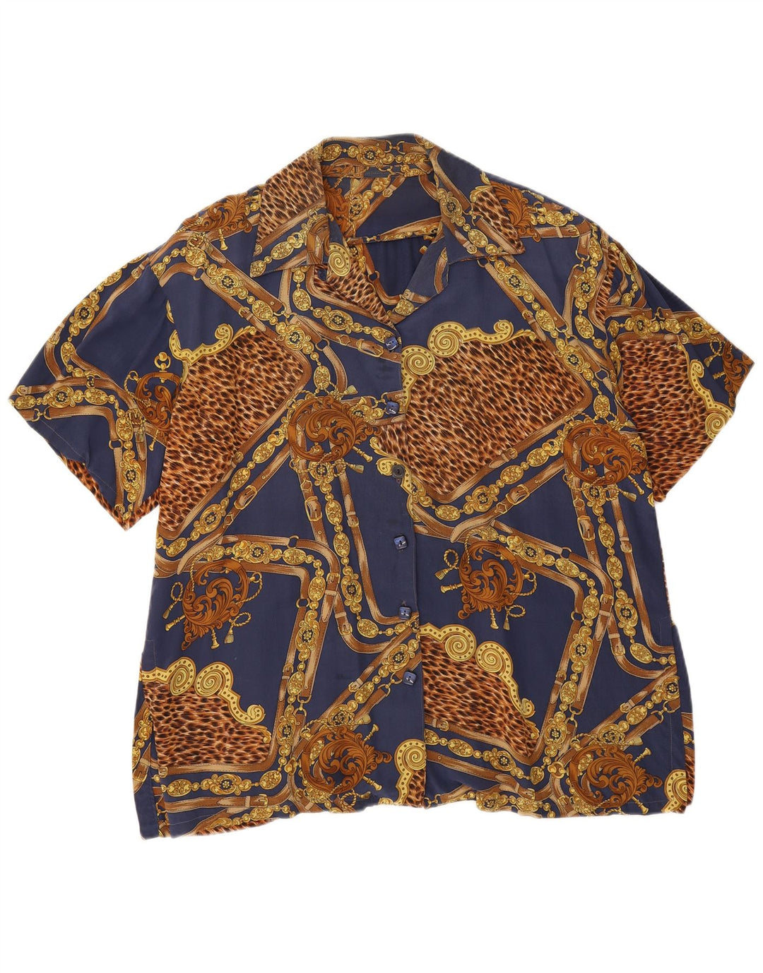 Vintage kvinders abstrakt mønster skjorte bluse UK 18 XL marineblå