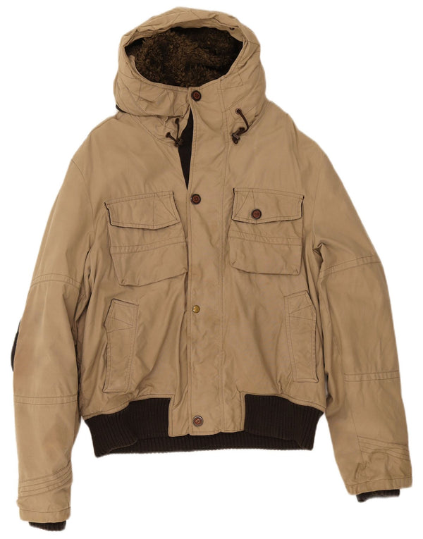 Vintage Sherpa Bomberjakke med hætte til mænd UK 38 Medium Beige Colourblock