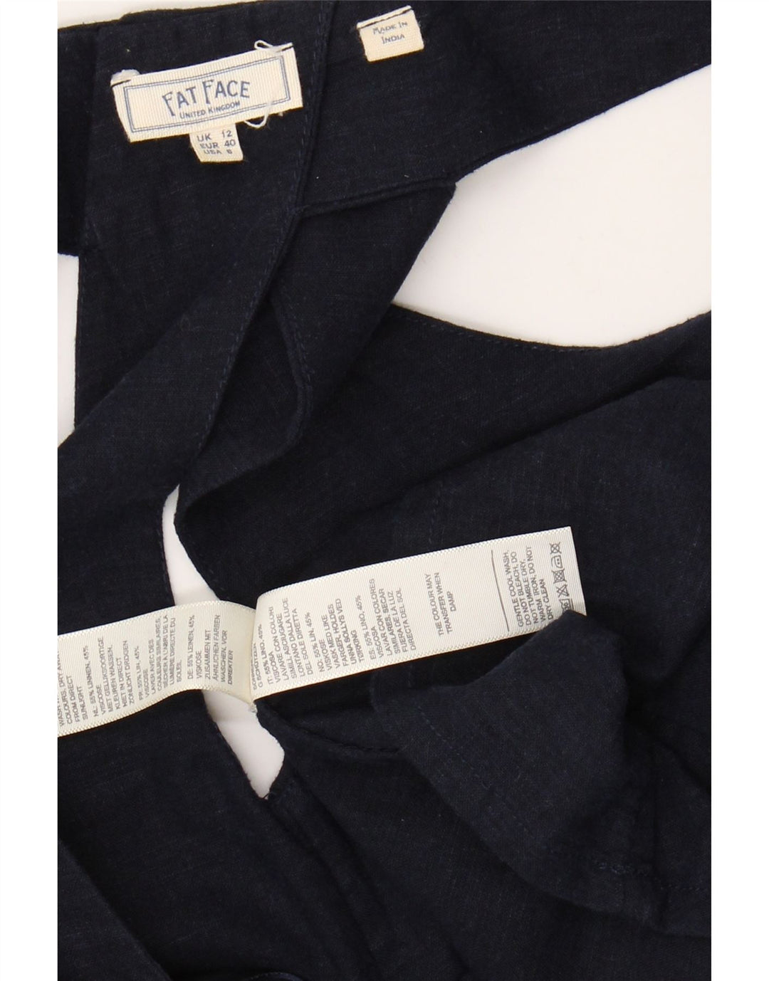 FAT FACE Dame Ærmeløs A-Line Kjole UK 12 Medium Navy Blue Linen