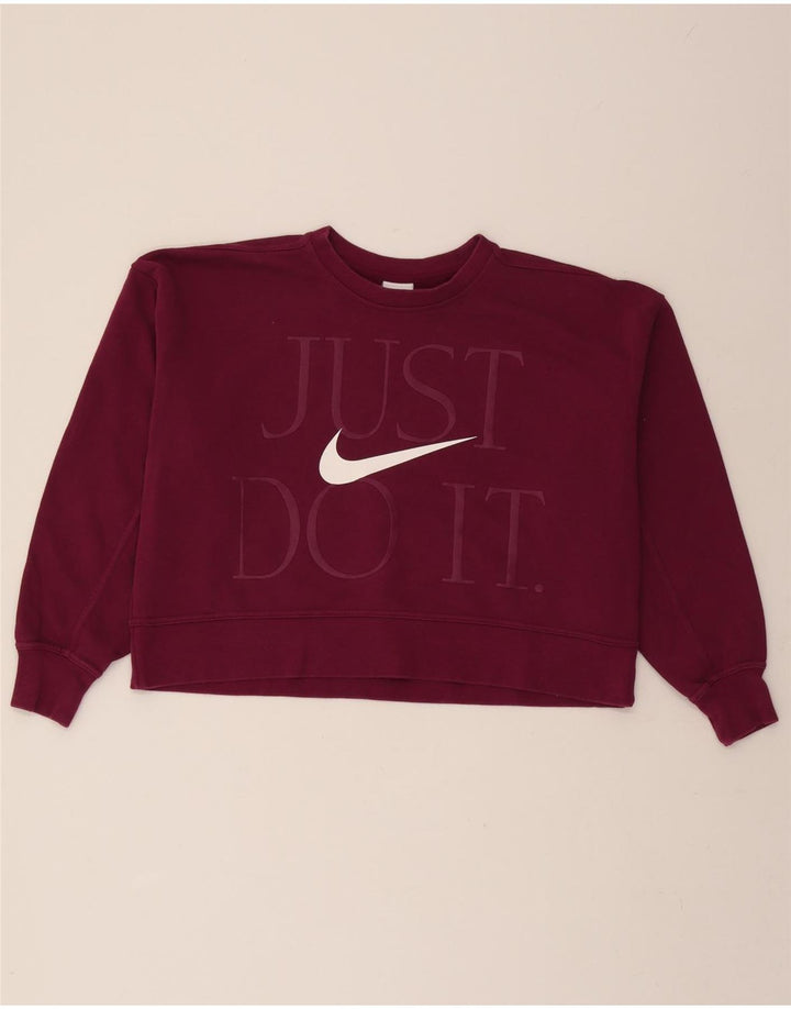 NIKE Womens Crop Oversized Graphic Sweatshirt Jumper UK 10 Small Burgundy Vintage Nike and Second-Hand Nike from Messina Hembry 