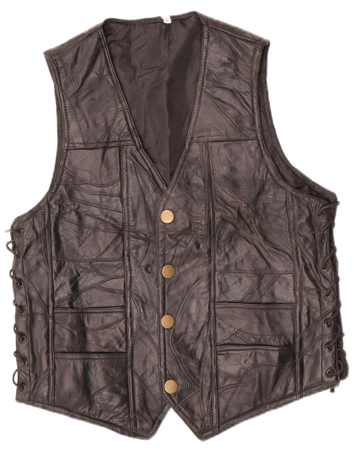 Vintage Herre Motorstyle Lædervest Medium Sort Patchwork