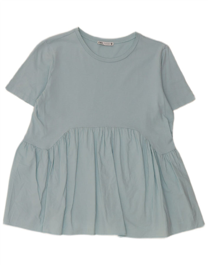 Zara Dame Bluse Top UK 12 Medium Blue Bomuld