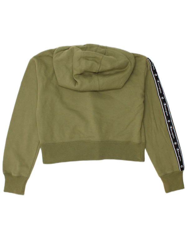 Champion Womens Crop Graphic Hoodie Jumper UK 14 Medium Khaki Colourblock