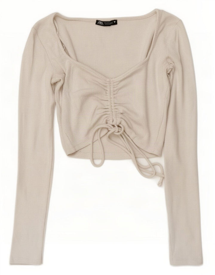 Zara Womens Front Tie Crop Top Langærmet UK 10 Small White Bomuld