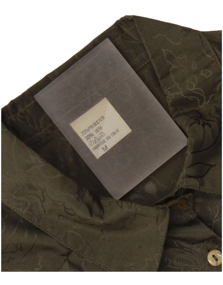 Vintage dameskjorte bluse UK 14 Medium Khaki Floral Polyester