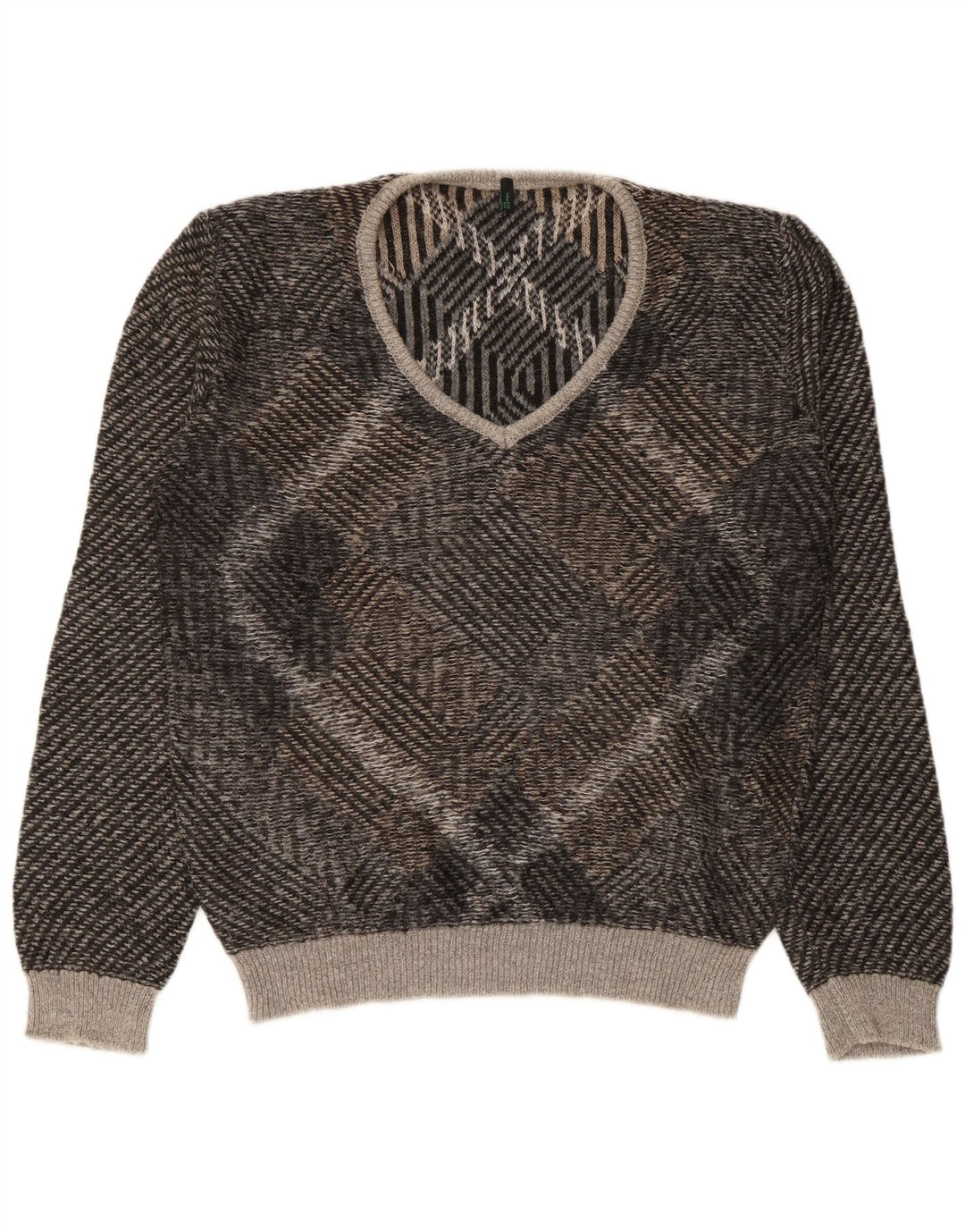 Benetton herre v-hals sweater stor brun geometrisk akryl