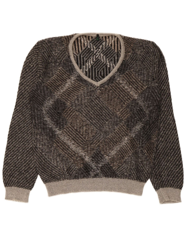 Benetton herre v-hals sweater stor brun geometrisk akryl