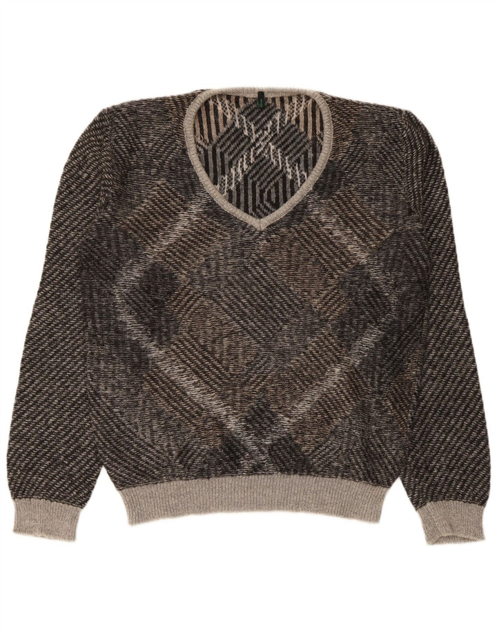 Benetton herre v-hals sweater stor brun geometrisk akryl
