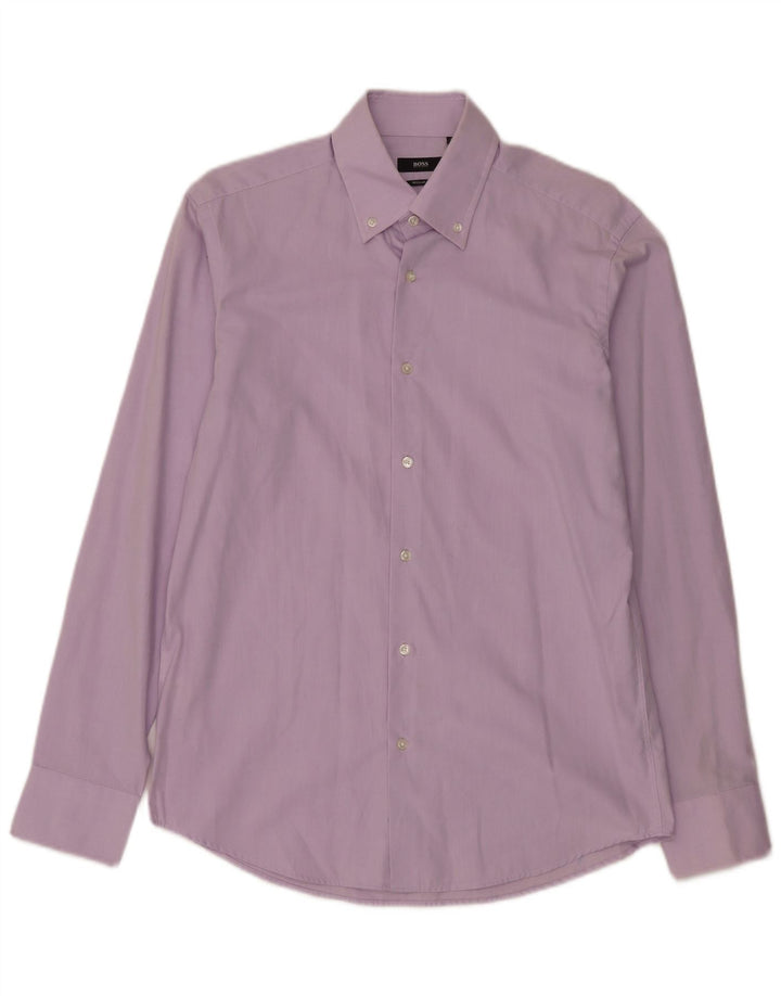 Hugo Boss Herre Regular Fit Skjorte Størrelse 4015 3/4 Medium Lilla Bomuld