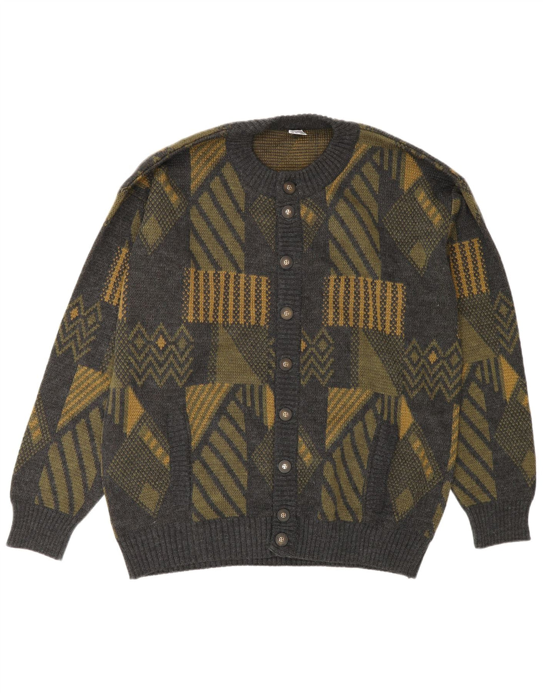 Vintage herre cardigan sweater stor grå geometrisk polyakryl