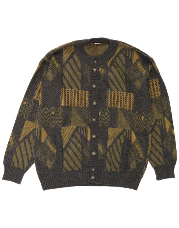 Vintage herre cardigan sweater stor grå geometrisk polyakryl