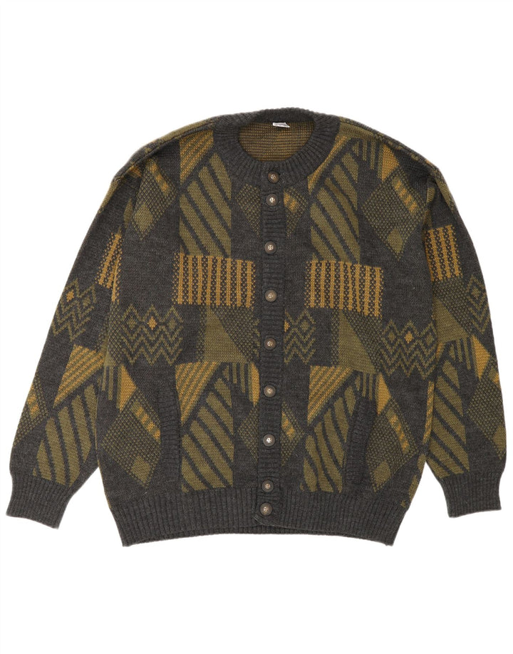 Vintage herre cardigan sweater stor grå geometrisk polyakryl