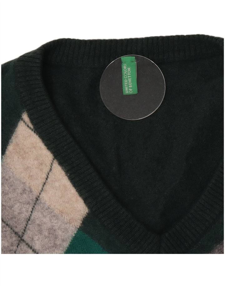 Benetton Dame V-hals sweater UK 12 Medium Green Argyle/Diamond
