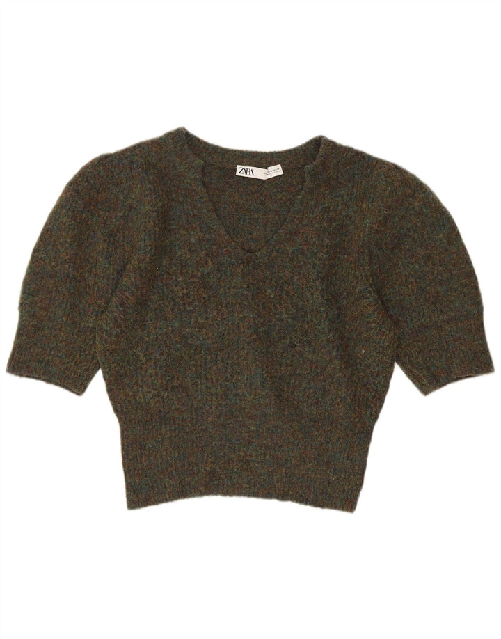 Zara Womens Crop V-hals sweater UK 14 Medium Khaki Flecked