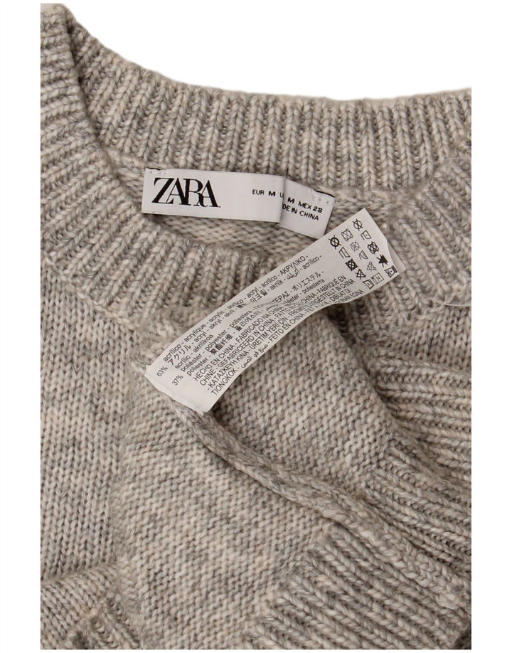 ZARA Dame Crop Crew Neck Jumper Sweater UK 12 Medium Grey Flecked
