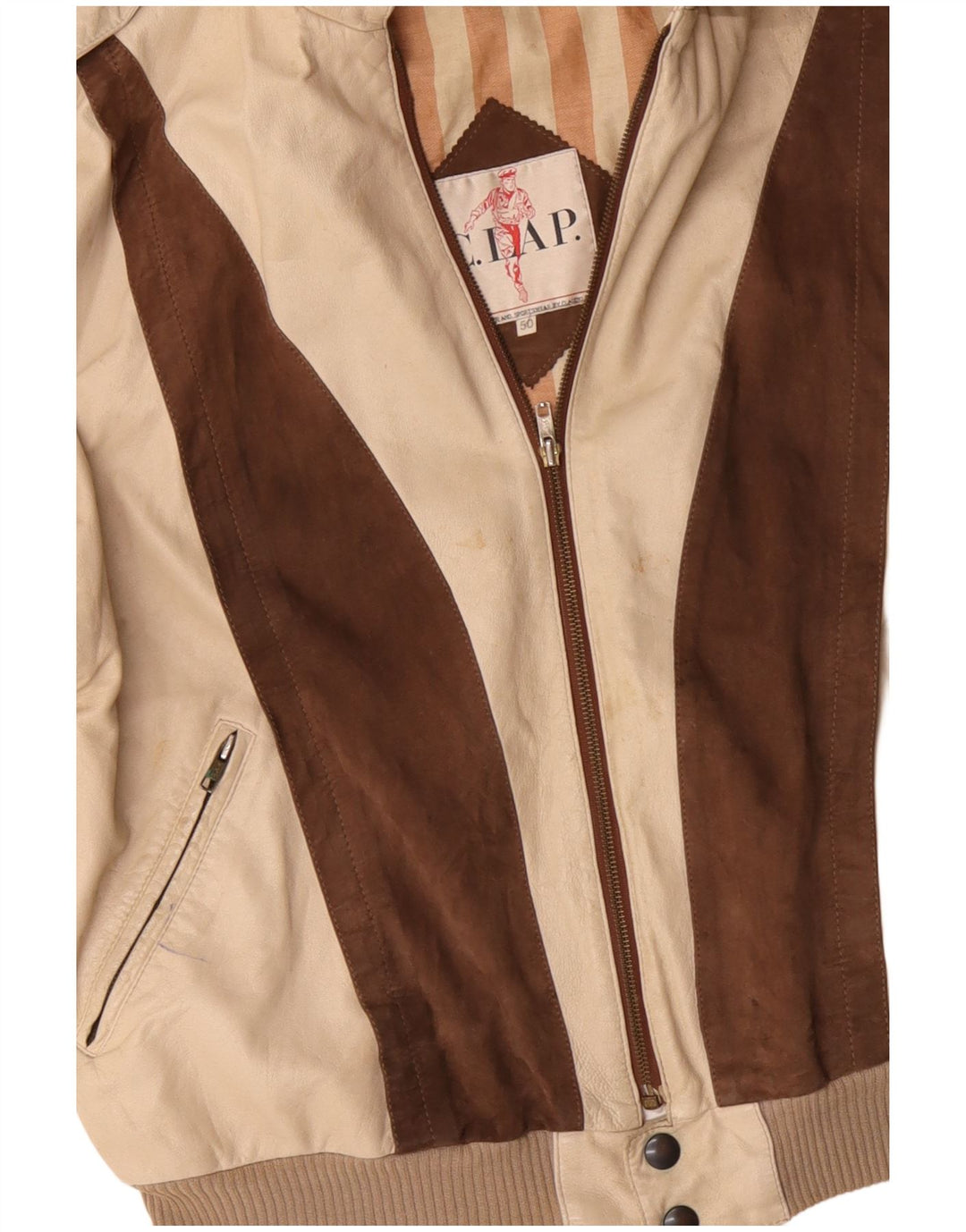 VINTAGE Military Læderjakke til mænd IT 50 Stor Beige Colourblock