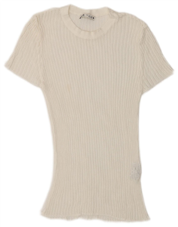 Zara Dame T-Shirt Top UK 10 Small White Viscose