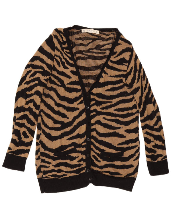 Zara Womens Longline Cardigan Sweater UK 16 Large Brown Animal Print Bomuld