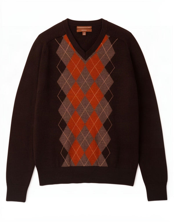 Merona Mens V-Neck Jumper Sweater Small Brown Argyle/Diamond Merino Wool