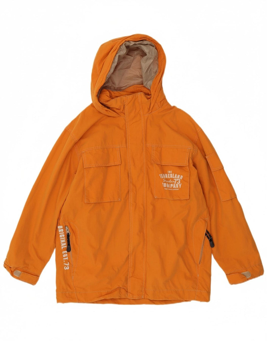 TIMBERLAND Boys Graphic Hooded Utility Jacket 11-12 Years Orange Cotton Vintage Timberland and Second-Hand Timberland from Messina Hembry 