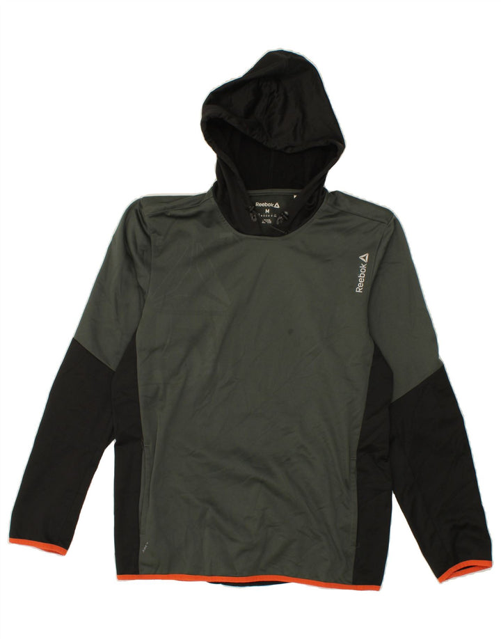 REEBOK Mens Graphic Hoodie Jumper Medium Khaki Colourblock Polyester Vintage Reebok and Second-Hand Reebok from Messina Hembry 