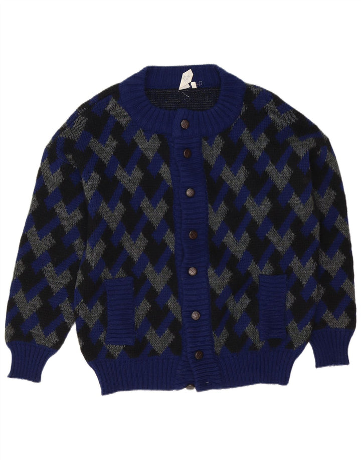 Vintage herre cardigan sweater IT 52 Stor marineblå geometrisk uld