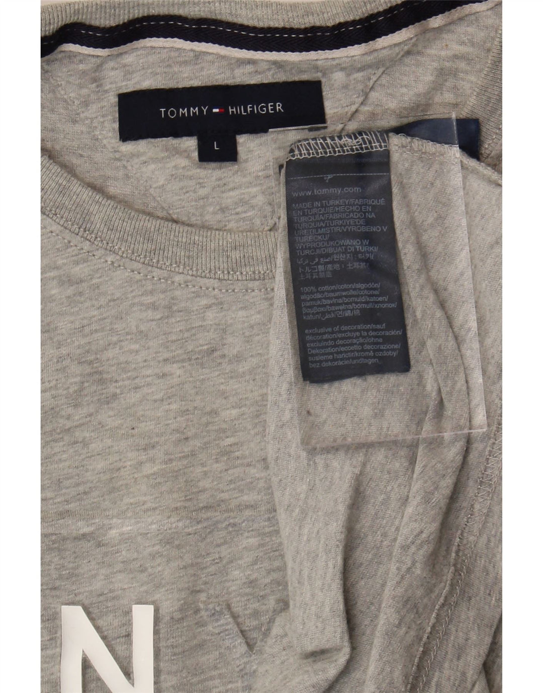 TOMMY HILFIGER Mens Graphic T-Shirt Top Large Grey Cotton Vintage Tommy Hilfiger and Second-Hand Tommy Hilfiger from Messina Hembry 