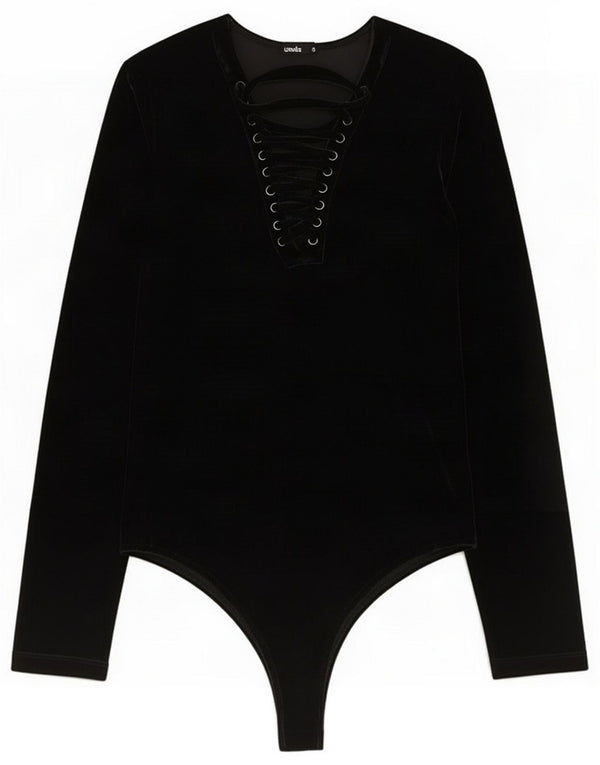 Vintage Dame Langærmet Velvet Bodysuit UK 10 Small Black Polyester
