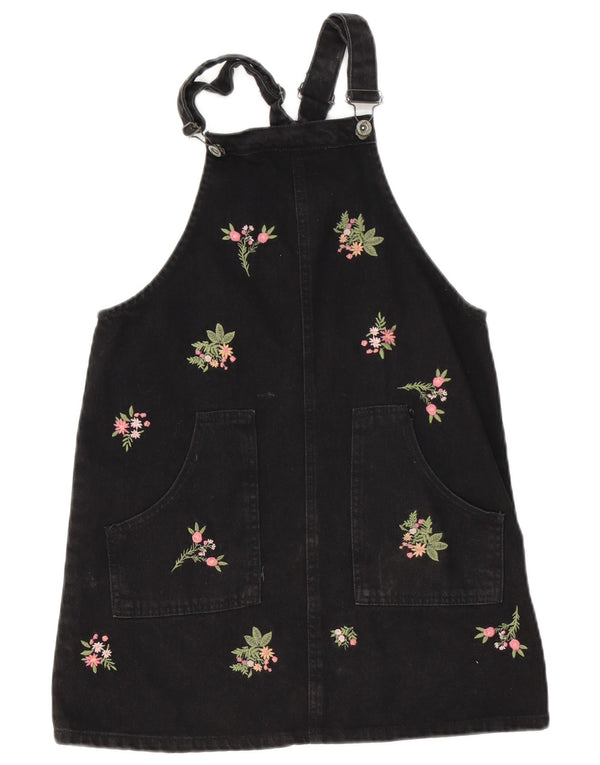Zara Girls Denim Dungaree-kjole 13-14 år Sort Blomsterbomuld