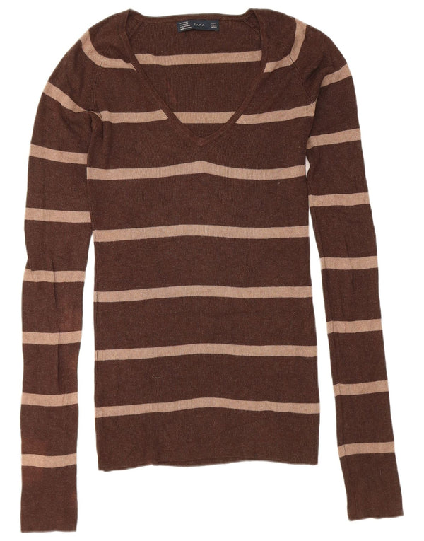 Zara Dame V-hals sweater UK 10 Lille brun stribet Rayon