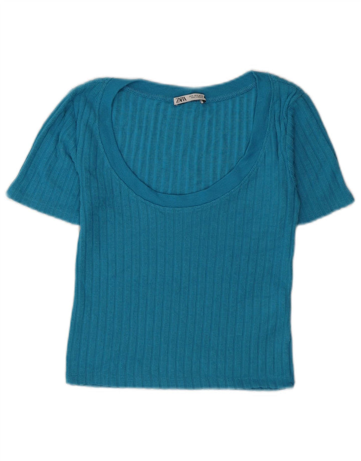 Zara Womens Crop T-Shirt Top UK 8 Small Blue Viscose