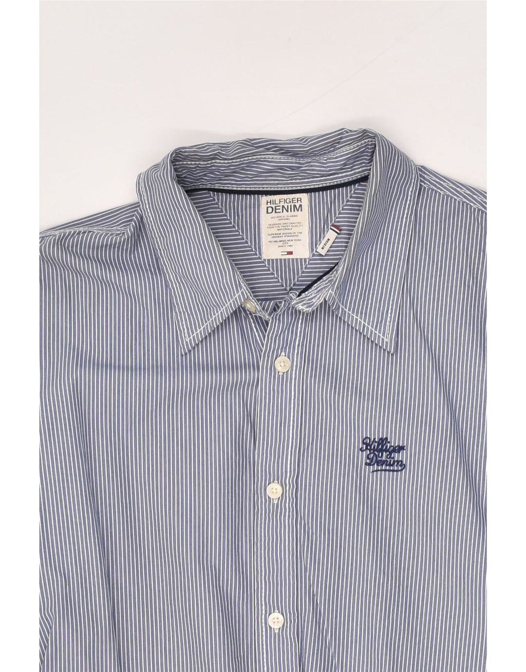 TOMMY HILFIGER Mens Shirt Medium Blue Striped Cotton | Vintage Tommy Hilfiger | Thrift | Second-Hand Tommy Hilfiger | Used Clothing | Messina Hembry 