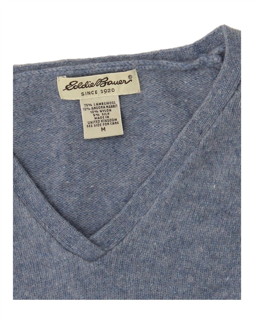 EDDIE BAUER Womens V-Neck Jumper Sweater UK 12 Medium Blue Lambswool Vintage Eddie Bauer and Second-Hand Eddie Bauer from Messina Hembry 