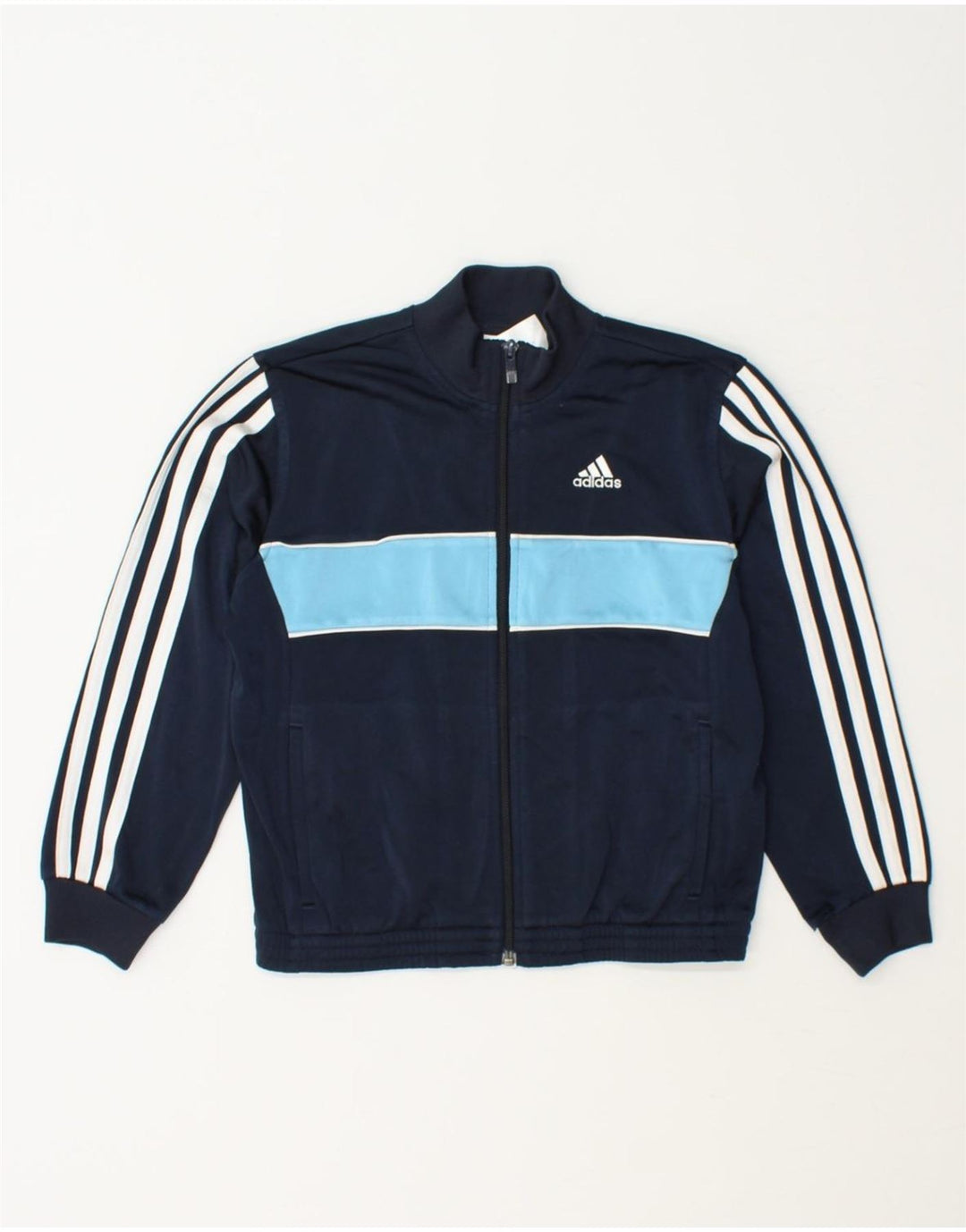 ADIDAS Boys Graphic Tracksuit Top Jacket 7-8 Years Navy Blue Colourblock Vintage Adidas and Second-Hand Adidas from Messina Hembry 