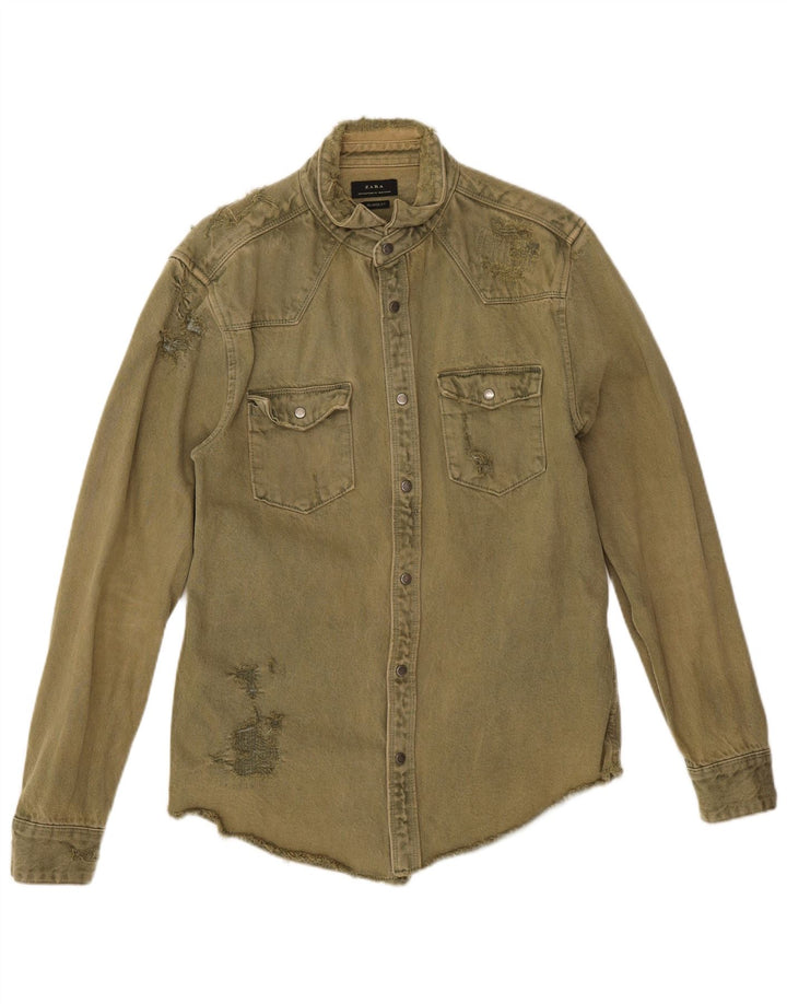 Zara Herre Distressed Relaxed Fit Denimskjorte Medium Khaki Bomuld