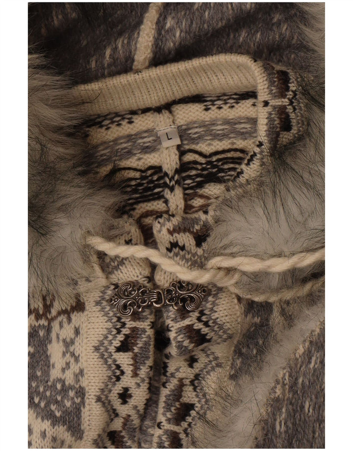 Vintage Dame Strik Hætte Poncho Coat UK 16 Large Grey Fair Isle