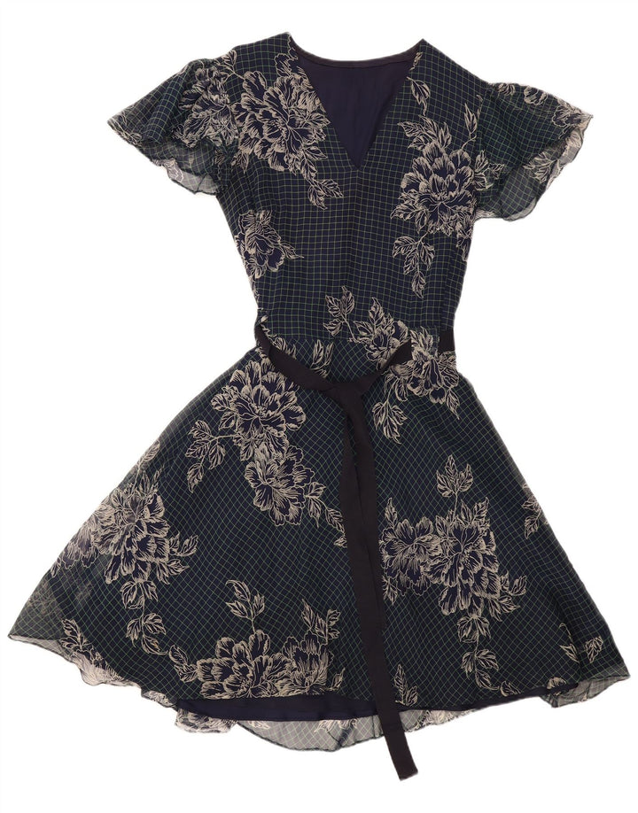 VINTAGE Dame A-Line Kjole UK 12 Medium Navy Blue Floral