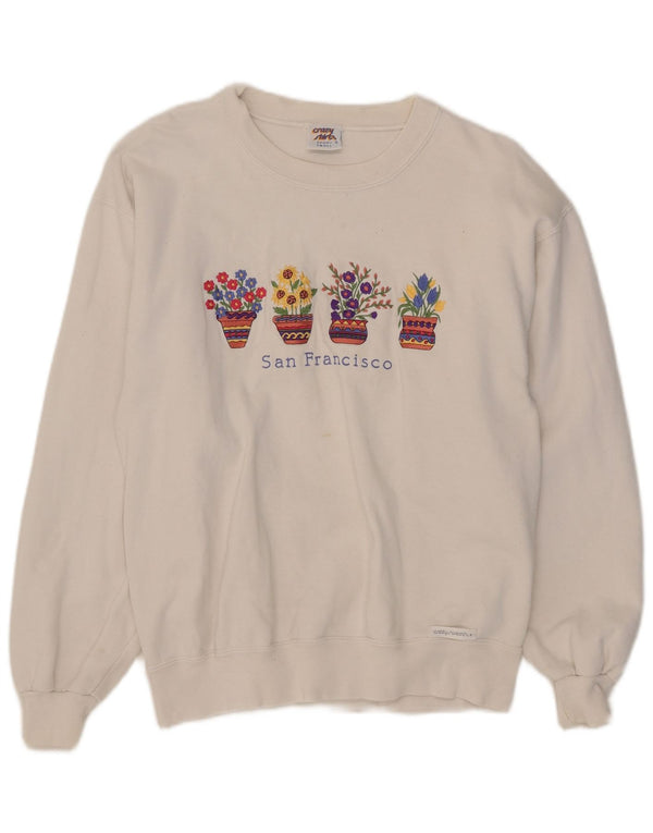 Vintage Dame Oversized Sweatshirt Jumper UK 10 Small White Floral Bomuld