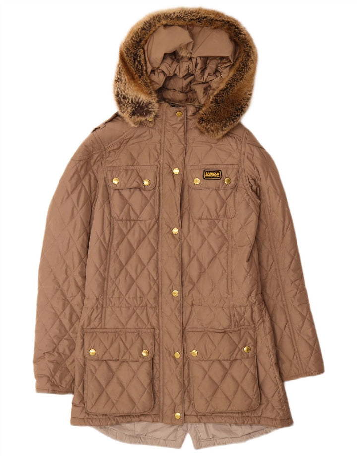 BARBOUR Quiltet overfrakke med hætte til kvinder UK 8 Lille beige polyester