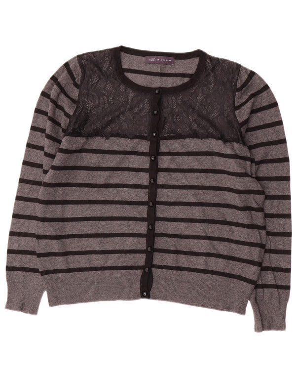MARKS & SPENCER Dame Crop Cardigan Sweater UK 14 Mellem grå stribet