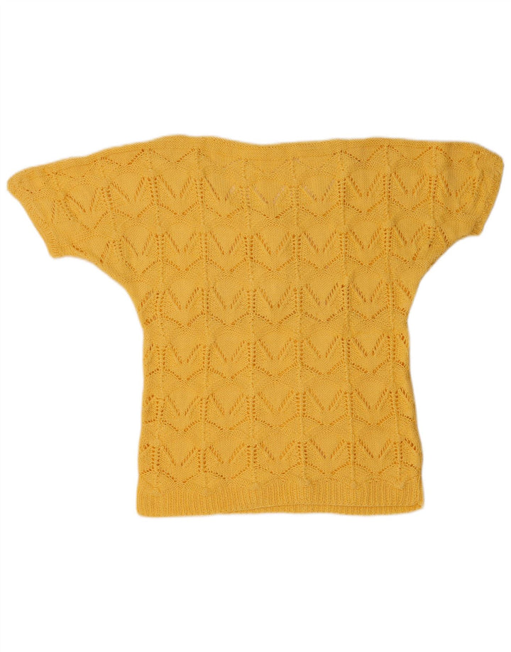 Vintage Dame Kortærmet Button Neck Jumper Sweater UK 14 Medium Gul
